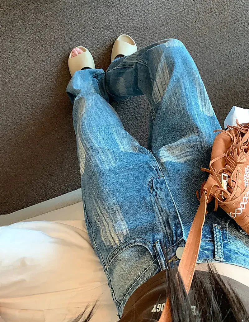 Women's Jeans Straight Leg Loosefit Female Cowboy Pants 2025 Korean Style Size X Larg Unique Cheap Medium Wash Fashion Trousers