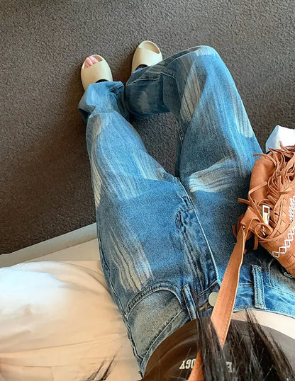 Women's Jeans Straight Leg Loosefit Female Cowboy Pants 2025 Korean Style Size X Larg Unique Cheap Medium Wash Fashion Trousers