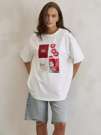 European and American Y2K Lip Printed T-shirt Women's Summer Fashion Casual Creative Streetwear Retro Short-sleeved Clothing