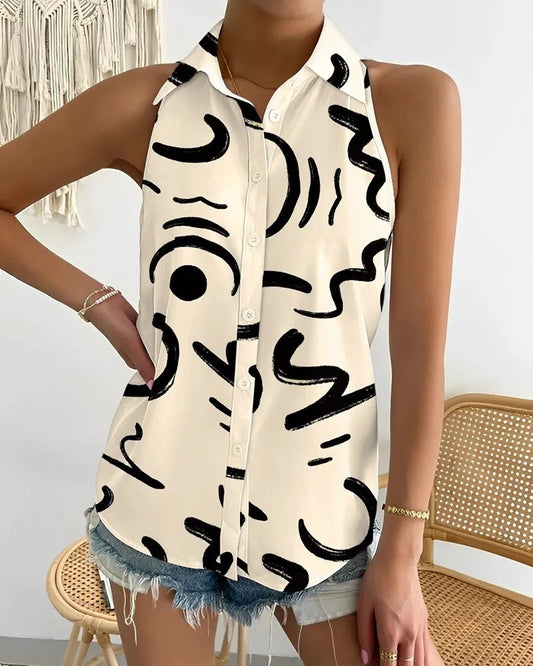 Global AliExpress Europe and America cross-border summer casual fashion one-shoulder sleeveless abstract print women's shirt
