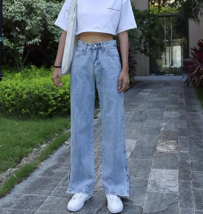 Con spacchi, jeans da donna, pantaloni in denim a gamba larga per le donne, pantaloni alla moda eleganti 2025, pantaloni larghi e lucidi più venduti in Corea del Sud.
