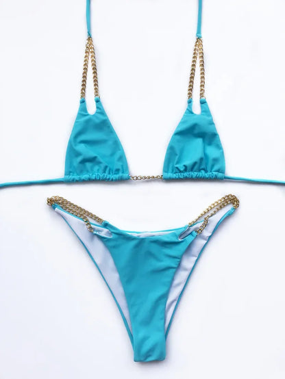 Sexy Micro Bikini 2025 Solid Black Push Up Bra Chain Metal Strap Swimsuit Brazilian Beach Bathing Suit Thong Swimwear Biquini
