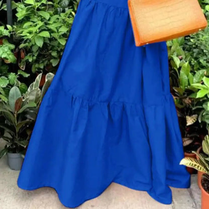 Vestito estivo da donna, ampio, con scollo a V, patchwork, maniche corte, tinta unita, abito da spiaggia, elegante, lungo, orlo largo