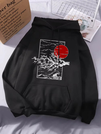 2025 Japanese Cherry Blossom Print Hoodie Women's Winter Warm Casual Street Loose Women's Pocket Hoodie Graphic Women Clothing