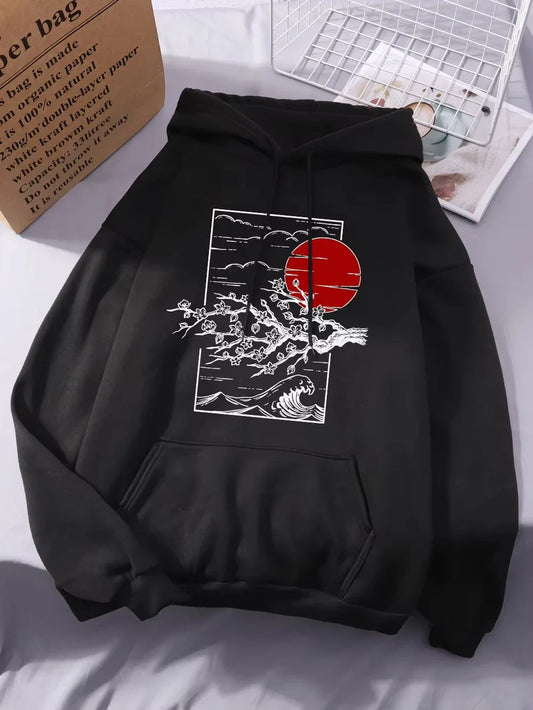 2025 Japanese Cherry Blossom Print Hoodie Women's Winter Warm Casual Street Loose Women's Pocket Hoodie Graphic Women Clothing