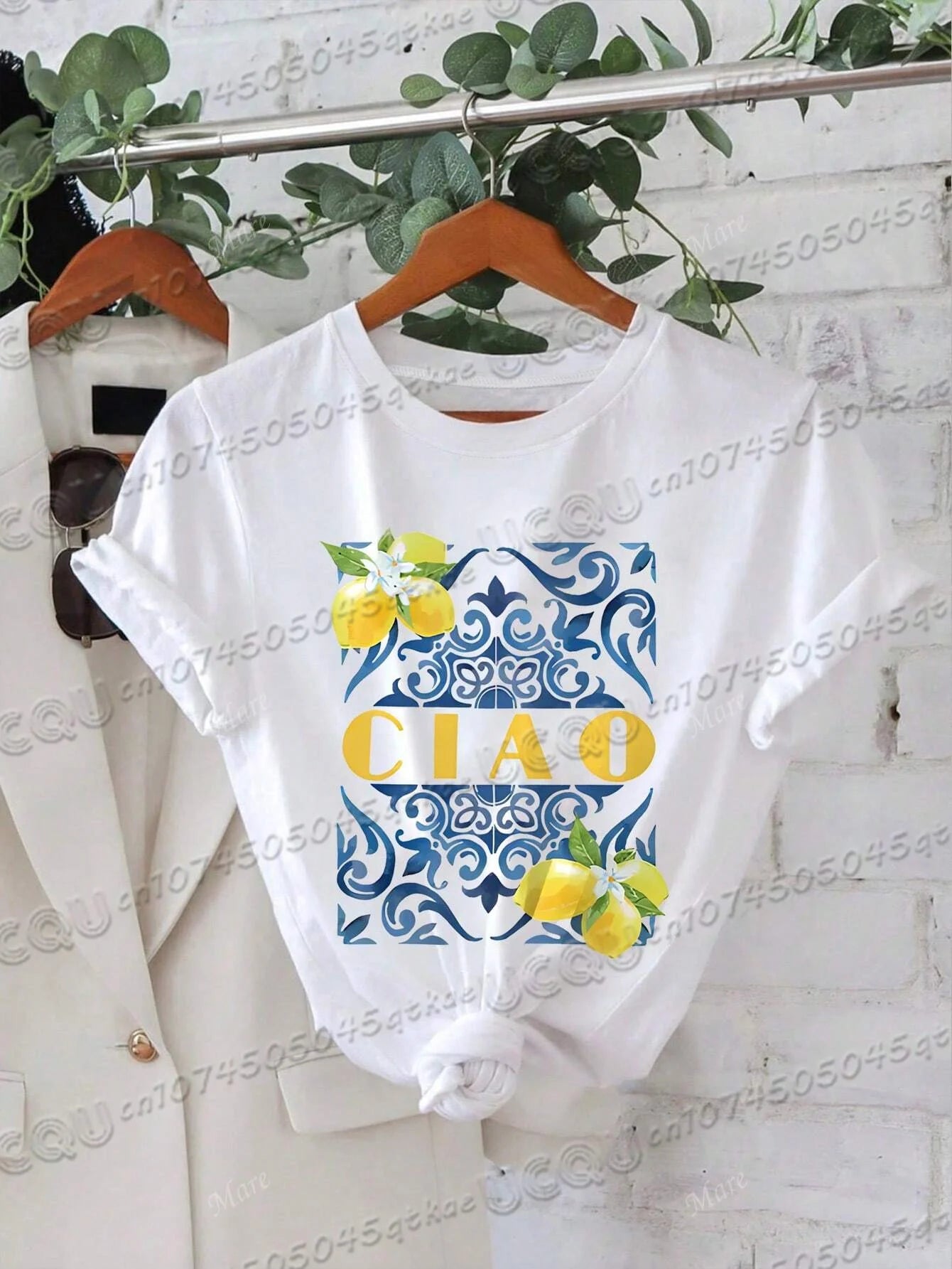 Italian Style Cotton T-Shirt With Fruit&Plant Print Short Sleeved O-Neck Loose&Breathable Casual Vacation Tee Women'S Summer Top