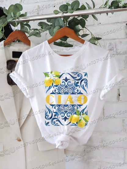 Italian Style Cotton T-Shirt With Fruit&Plant Print Short Sleeved O-Neck Loose&Breathable Casual Vacation Tee Women'S Summer Top