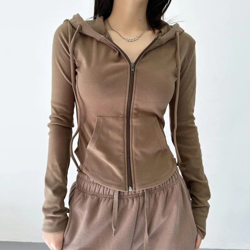 SMVP Streetwear Hooded Pockets Sweatshirt Women Casual Solid Sports Long Sleeve Hoodies Woman Autumn Slim Zipper Cropped Coat