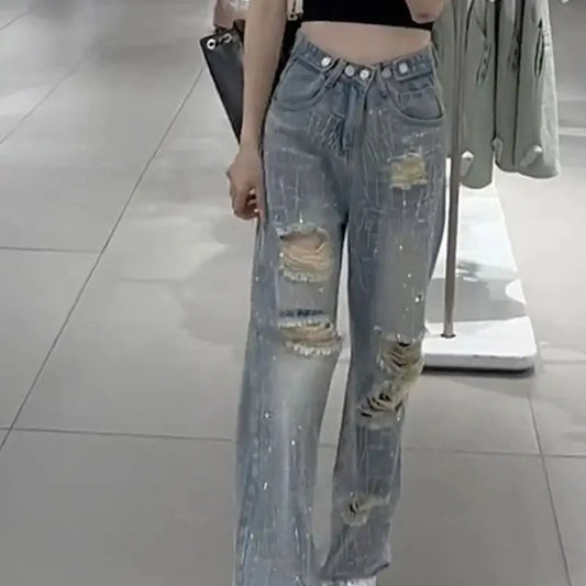 Denim Pants for Women with Rhinestones Woman Jeans Straight Leg Fitted Baggy Trend 2025 Cheap Grunge Y2k Stretched 90s Trousers