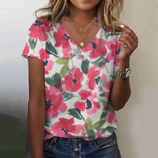 Women T-Shirt Summer Flower Floral 3D Print T-Shirts Women Streetwear Harajuku T Shirt V-Neck Tees Woman Tops Oversized Clothing