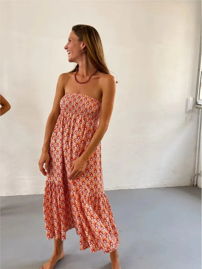 Women's Casual Boho Skirts New Spring Summer Fashion Vintage Loose Elastic Waist Floral Print Ethenic Style Beach Maxi Skirt