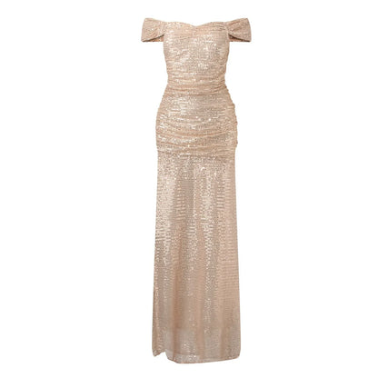 BWQ Women Off Shoulder Prom Dresses Elegant Sequin Solid Evening Party Dresses Ladies Wrap Split Sequined Maxi Formal Dress
