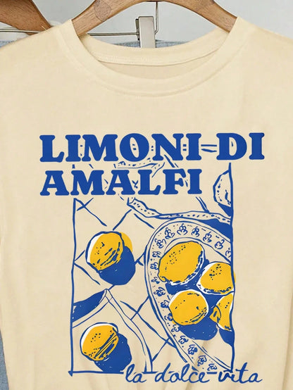 Limoni Di Amalfi Lemon Graphic Women's New Trend Collection Crew Neck Lettering Casual T-Shirt Summer Fashion