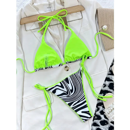 Sexy Zebra Print Bikini Women 2-piece Triangle Bag Swimsuit Fluorescent Bandage Backless Bathing Suit Low Waist Swimwear 2024