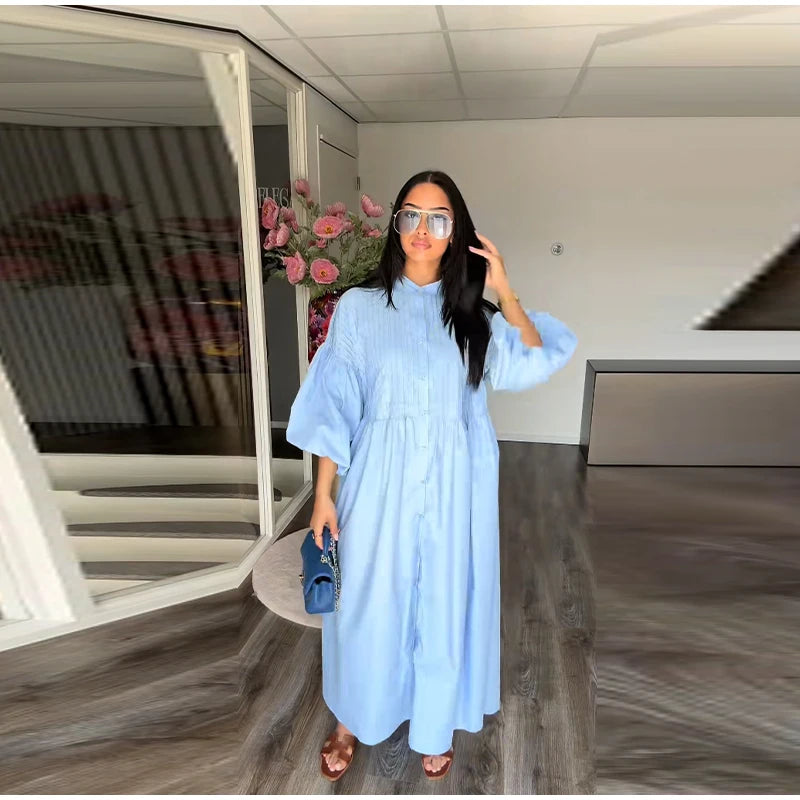 Casual Long Dress Women Loose O Neck Single Breasted Long Sleeves High Waist Robe Female 2025 Summer Fashion Solid Dresses Lady