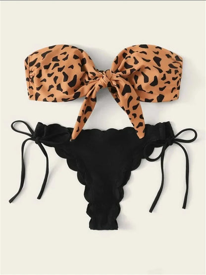 Beach Bikini 2024 Woman Sexy Front Lace Up Tie Bandeau Leopard Swimsuit Female Push Up Ruffled Bow Bathing Suit Thong Swimwear
