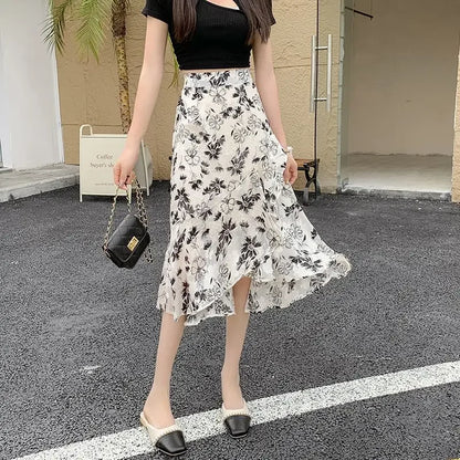Blue Woman Skirt Floral Midi Ruffle Chiffon A Line Y2k Vintage Chic and Elegant Aesthetic Streetwear 2025 Trend Skirts for Women