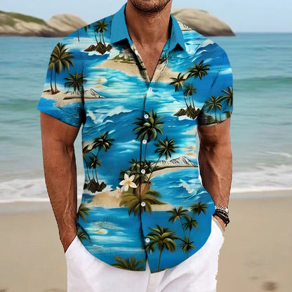 Beach Men's Lapel Shirt Summer Short Sleeve Outdoor Everyday Shirt Tops Landscape Printed Pattern  OverSize Loose Men Clothing