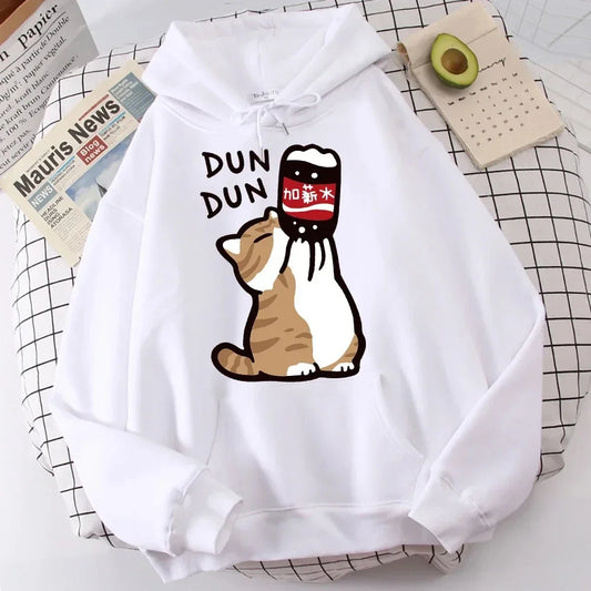 Cartoon Cat Drink Salary Increase Beverages women Hooded Sweaters Casual Hoodies Pleasure Sweatshirts Home Harajuku Tops