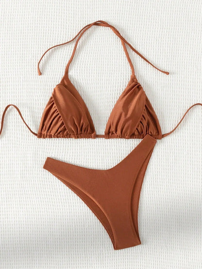 Solid Color Coffee 2 Piece Swimsuit for Women 2025 New Pleated Triangle Halter Backless Bikini Set Swimwear Beach Bathing Suit