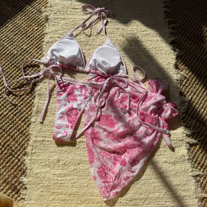 With Sarong Printed Halter Bikini Women Swimwear Female Swimsuit Three-pieces Bikini Set Padded Bather Bathing Suit Swim