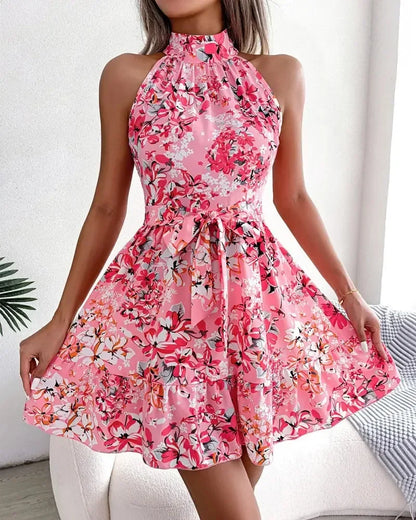 Spring Summer Floral Halter Neck Short Dresses Holiday Beach Sundress Casual Halter Short Dresses Clothes Women