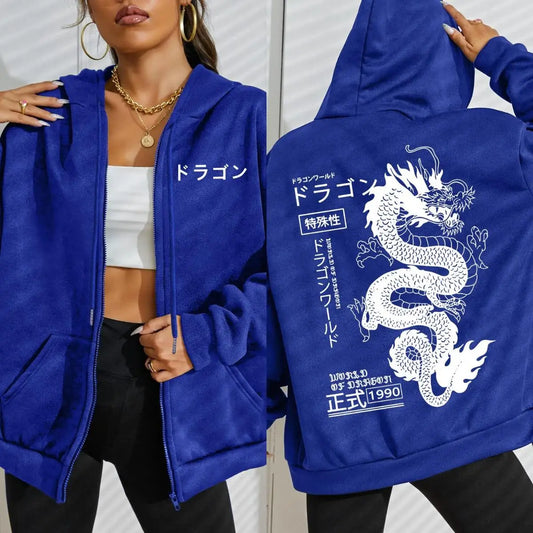 World Of Dragon Special 1990 Pattern Women Zipper Hoodie Trendy Fleece Hoody Casual Autumn Sportswear Retro Loose Streetwear