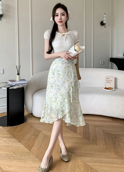 Blue Woman Skirt Floral Midi Ruffle Chiffon A Line Y2k Vintage Chic and Elegant Aesthetic Streetwear 2025 Trend Skirts for Women