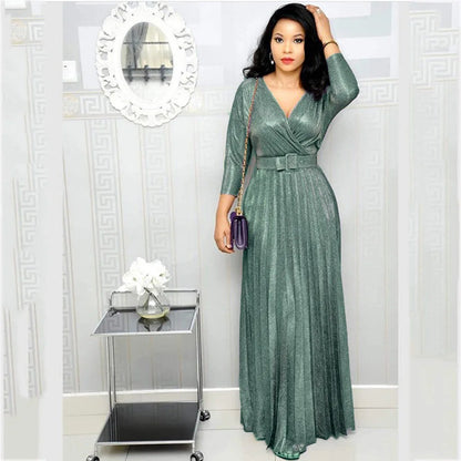 Fashion Elegant Long Sleeve V Neck High Waist Party Cocktail Graduation Pleated Dress Women Sexy Sequins Evening Dress
