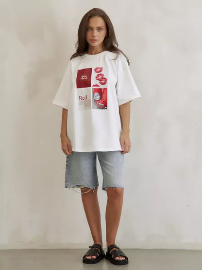 European and American Y2K Lip Printed T-shirt Women's Summer Fashion Casual Creative Streetwear Retro Short-sleeved Clothing