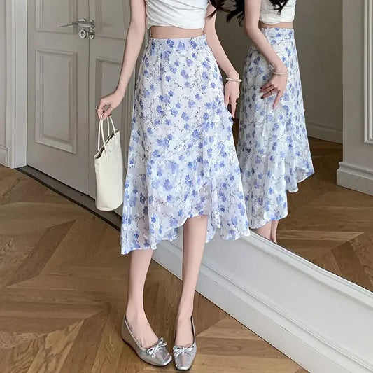 Blue Woman Skirt Floral Midi Ruffle Chiffon A Line Y2k Vintage Chic and Elegant Aesthetic Streetwear 2025 Trend Skirts for Women
