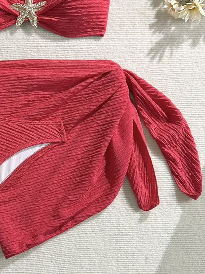 Sexy Metal Starfish Bikinis Set Women Brown Bandeau Push Up Mesh Skirt 3 Piece Swimsuit 2025 Beach Bathing Suit Holiday Swimwear