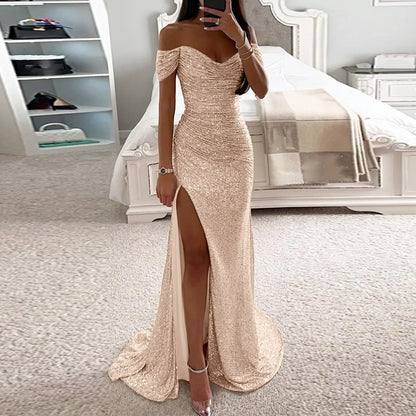 BWQ Women Off Shoulder Prom Dresses Elegant Sequin Solid Evening Party Dresses Ladies Wrap Split Sequined Maxi Formal Dress