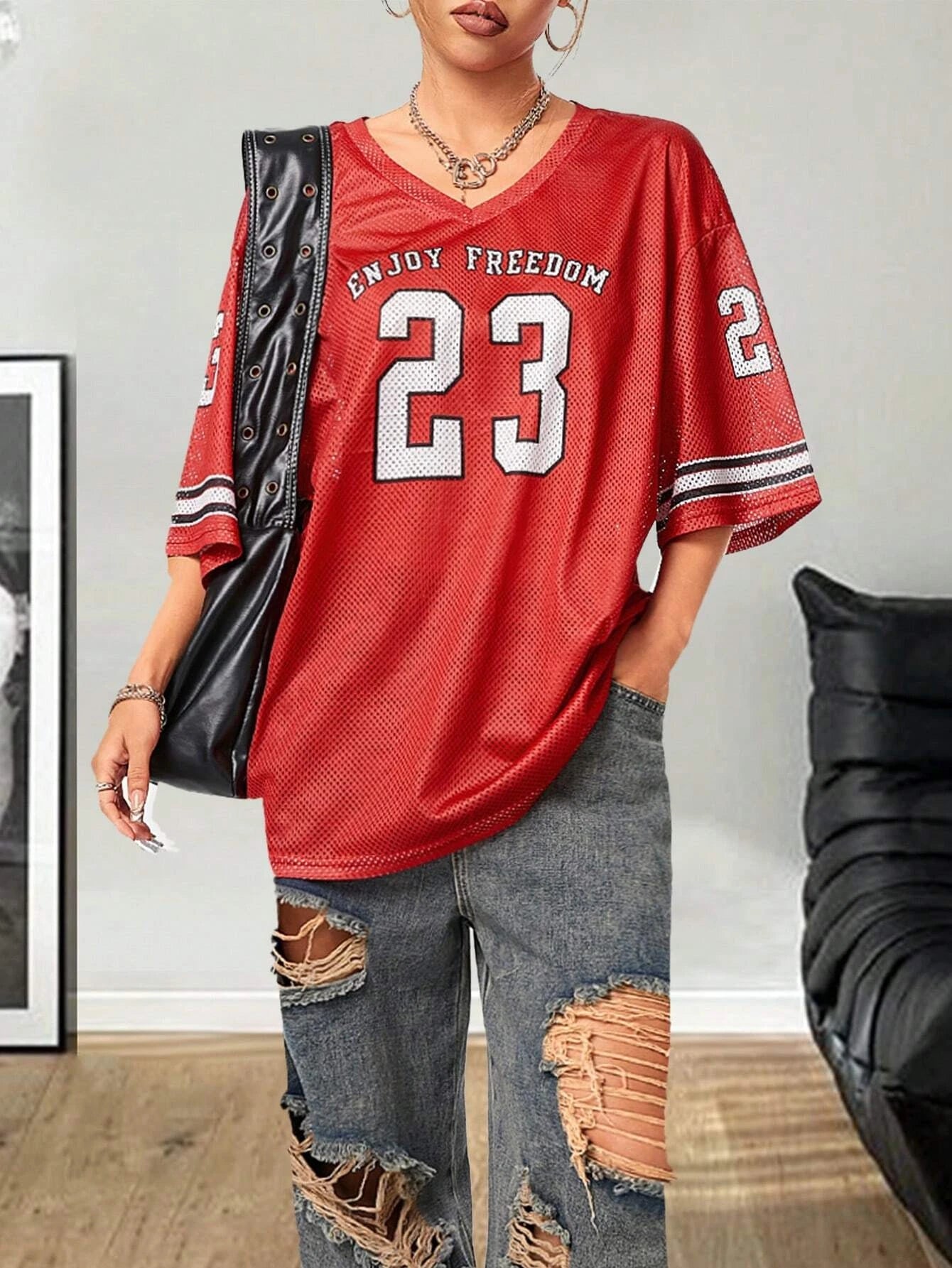 Summer New Black Enjoy Freedom 23 Print T-Shirt For Women V-Neck Short Sleeve Mesh Sports Football Jersey Y2K Oversized Tops