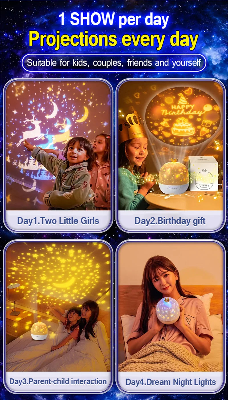 Crown Star Light Projection Rotating Star Bedroom Ceiling Atmosphere Night Lamp Stars Childrens Birthday Gift with Films Sheet
