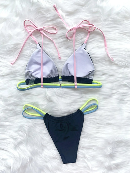 Contrast Color Sexy Micro Bikini Set Women's Swimsuit 2025 Summer Push Up Swimwear Triangle String Biquini Bathing Suit Monokini