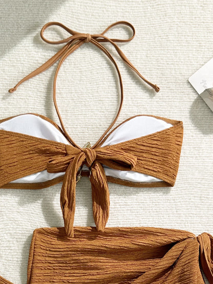 Sexy Metal Starfish Bikinis Set Women Brown Bandeau Push Up Mesh Skirt 3 Piece Swimsuit 2025 Beach Bathing Suit Holiday Swimwear