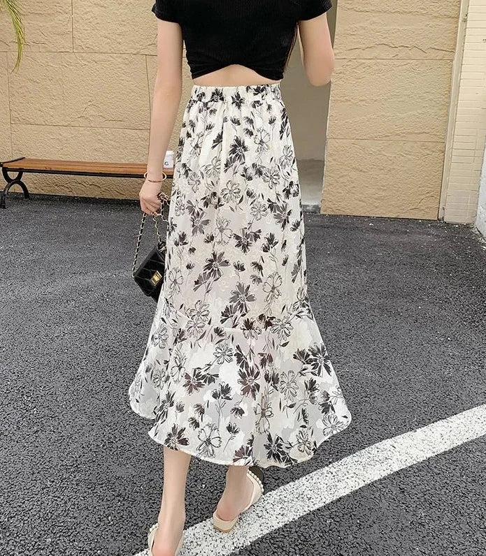 Blue Woman Skirt Floral Midi Ruffle Chiffon A Line Y2k Vintage Chic and Elegant Aesthetic Streetwear 2025 Trend Skirts for Women