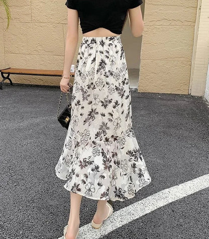Blue Woman Skirt Floral Midi Ruffle Chiffon A Line Y2k Vintage Chic and Elegant Aesthetic Streetwear 2025 Trend Skirts for Women