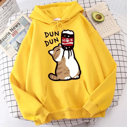 Cartoon Cat Drink Salary Increase Beverages women Hooded Sweaters Casual Hoodies Pleasure Sweatshirts Home Harajuku Tops