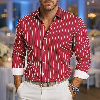 Men's loose striped shirt, casual breathable lapel button long sleeve shirt, festive wedding shirt, soft and comfortable fabric