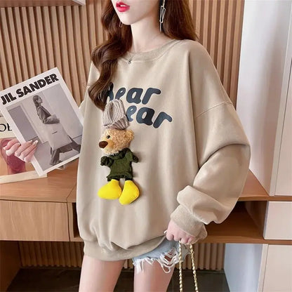 Women's Clothing Trendy Funny Cute 3D Cartoon Bear Streetwear Y2K Sweatshirt Korean O Neck Long Sleeve Oversize Pullover Hoodies