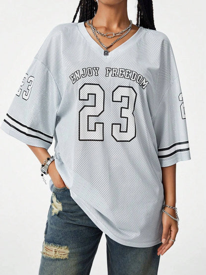 Summer New Black Enjoy Freedom 23 Print T-Shirt For Women V-Neck Short Sleeve Mesh Sports Football Jersey Y2K Oversized Tops
