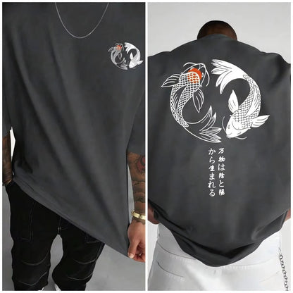 Japanese Koi Harajuku Illustration Pattern T-Shirt Men Summer Casual T Shirt Soft Fashion Short Sleeve Loose Cotton Sportswear