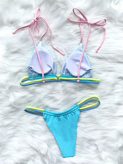 Contrast Color Sexy Micro Bikini Set Women's Swimsuit 2025 Summer Push Up Swimwear Triangle String Biquini Bathing Suit Monokini