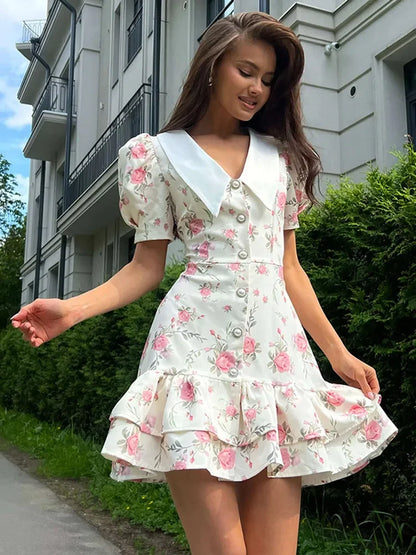Sweet Floral Printed Ruffle Hem Dress Chic A-line Lapel Puff Sleeve Dresses For Women 2025 Summer Lady Holiday Street Gowns New