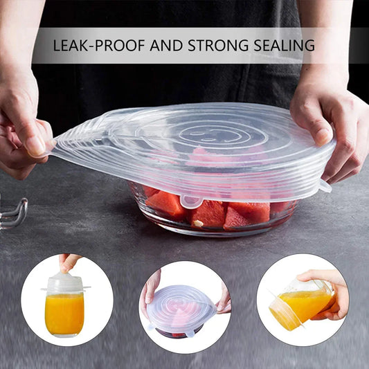 6 Pcs/Set Reusable Silicone Covers Caps Adaptable Silicone Lids For Cans Food Dishes Fresh-keeping Kitchen Accessories Utensils