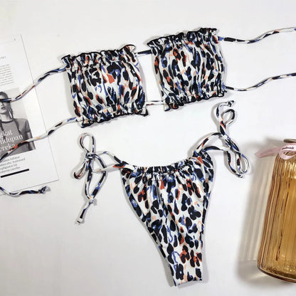 Sexy Bikini 2025 Pleated Bandeau Swimsuit Female Swimwear Women Mini Thong Bikini Set Bather Swimming Beachwear for Bathing Suit