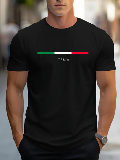 Men's summer 100 cotton fashionable casual loose plus size ITALIA pattern printed sports round neck short sleeved T-shirt top