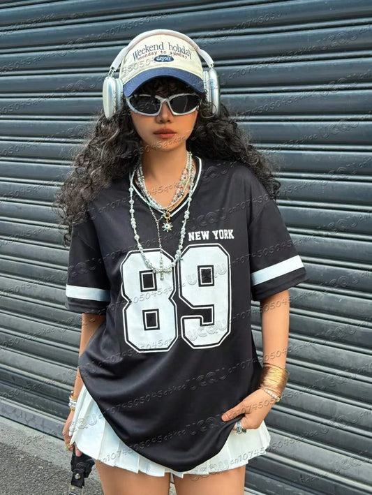 American Street Jersey T-Shirt Women'S Lightweight Breathable Short Sleeved Casual Sports Versatile Classic Black Tee Y2k Top